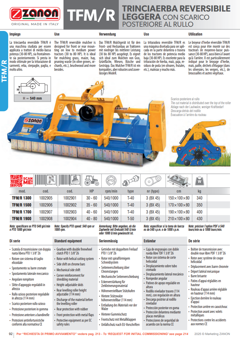 Broyeur réversible léger avec éjection derrière le rouleau - TFM/R - ZANON Vitiwald